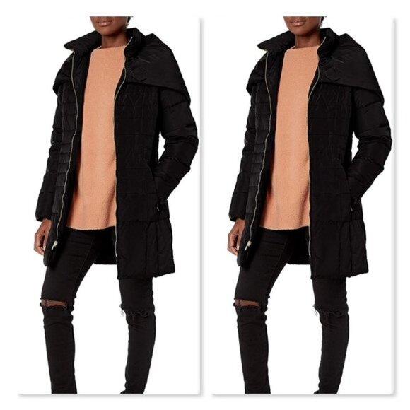NEW Cole Haan Size XS Taffeta Down Zip up Puffer Coat Shawl Hood/Collar in Black - Picture 5 of 16